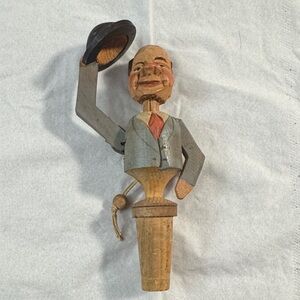 Vintage Folk Art Hand Carved Wooden Bottle Stopper with Movable Arm